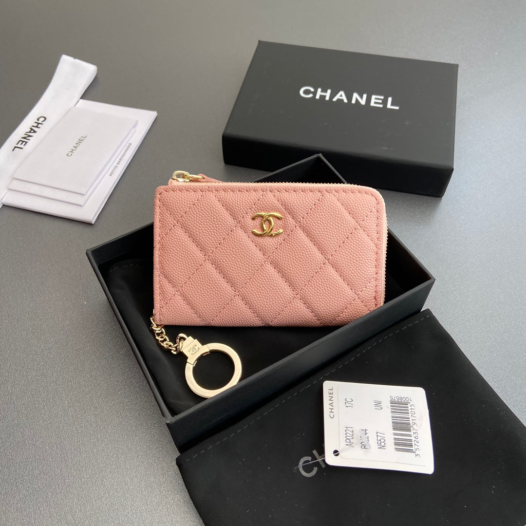 CC Hook & Chain Zipper Card Holder Light Pink Caviar Ghw 234725
