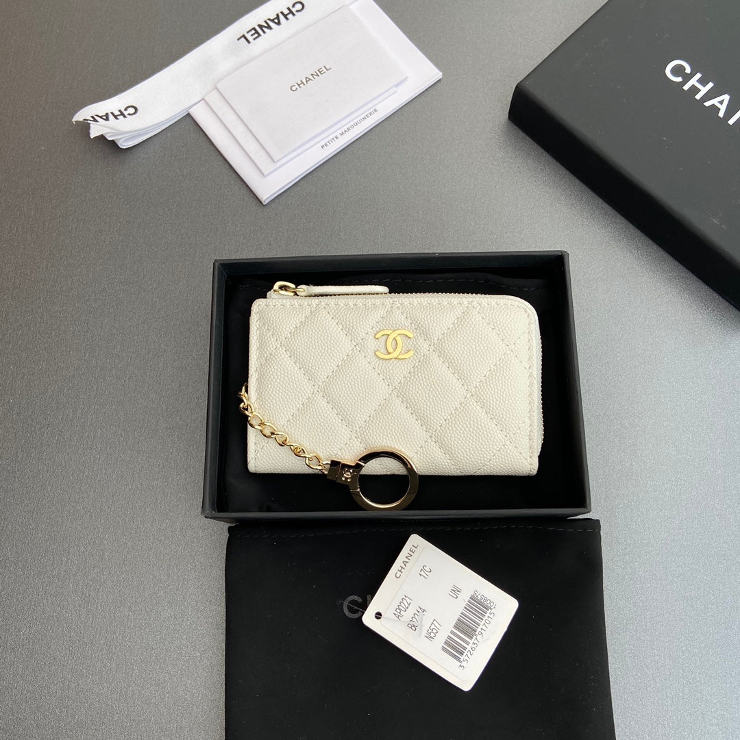 CC Hook & Chain Zipper Card Holder White Caviar Ghw 234729