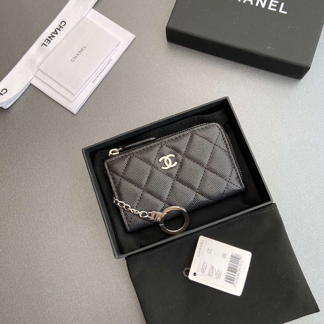CC Hook & Chain Zipper Card Holder Black Caviar Sliver Steel 234731