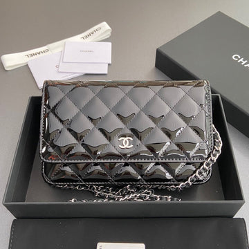 CC Woc 20CM Black Patent Calfskin Silver Hardware