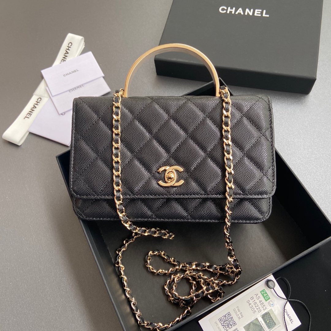 CC Woc 20CM Top Handle Black Grained Calfskin