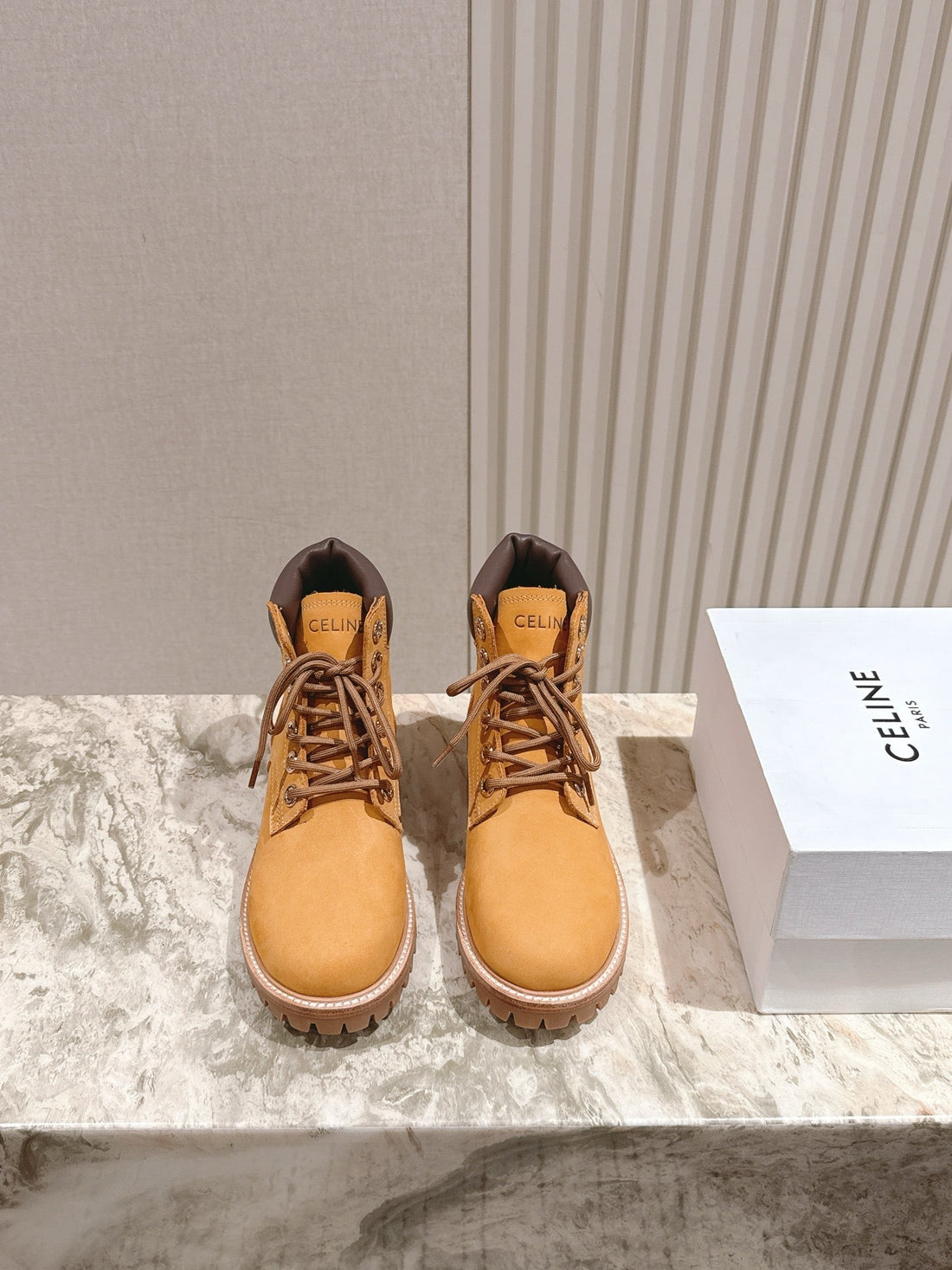 Celine Kurt Lace-Up Martin Short Boots Light Brown Nubuck Calfskin 452782