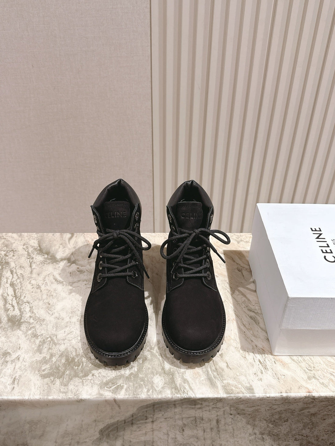 Celine Kurt Lace-Up Martin Short Boots Black Nubuck Calfskin 452783