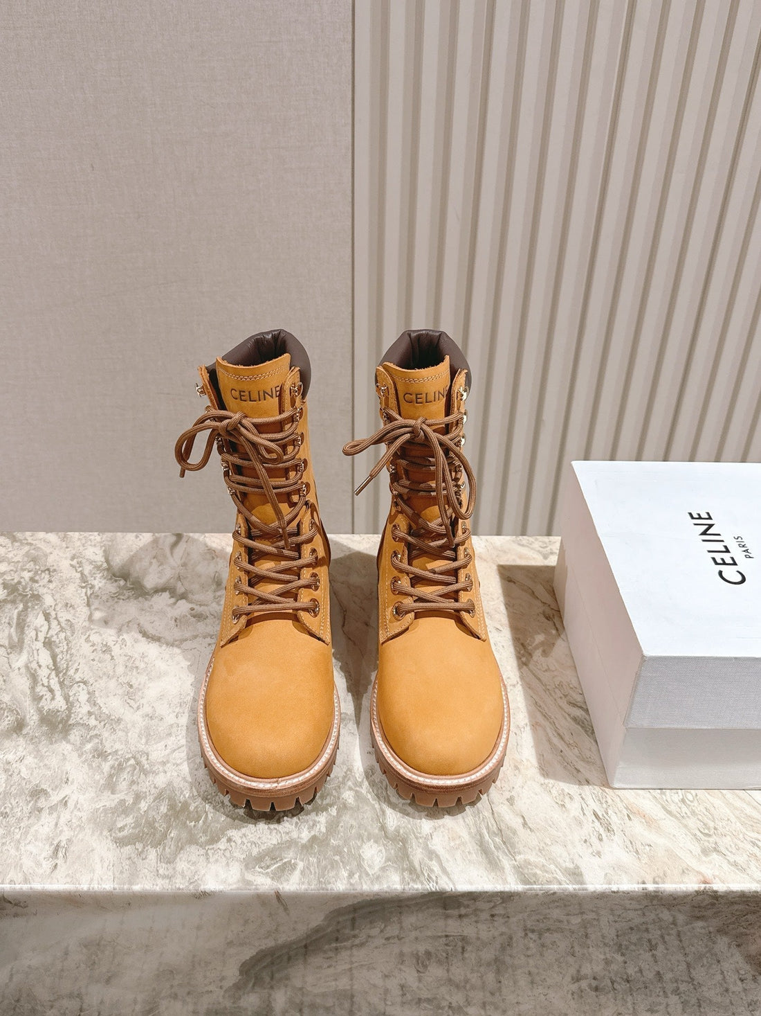 Celine Kurt Lace-Up Mid Boot Light Brown Nubuck Calfskin 452784