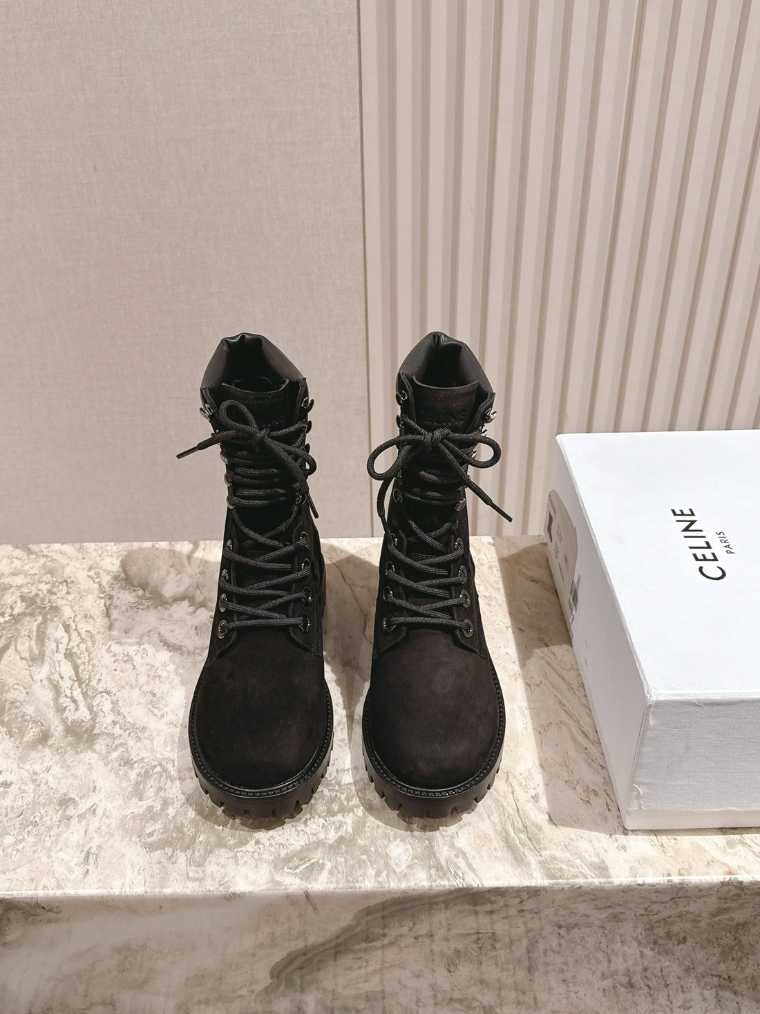 Celine Kurt Lace-Up Mid Boot Black Nubuck Calfskin 452785