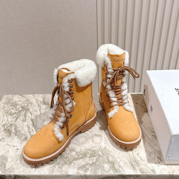 Celine Kurt Lace-Up Mid Boot Light Brown Nubuck Calfskin And Shearling 452786