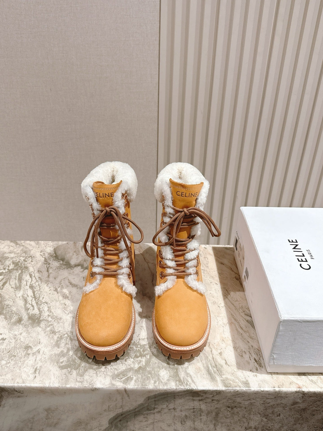 Celine Kurt Lace-Up Mid Boot Light Brown Nubuck Calfskin And Shearling 452786