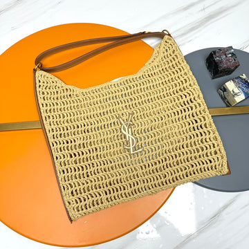 YSL Oxalis 37CM Beige Raffia Tan Calfskin