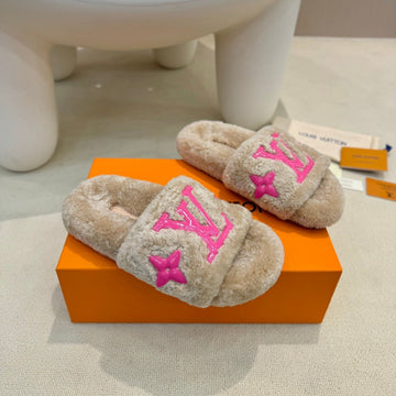 LV Fur Slippers Light Brown With Pink Text Pure Wool