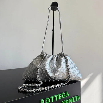 Bottega Veneta 2026 Dustbag 33CM Silver Intrecciato Lamina Satin Leather