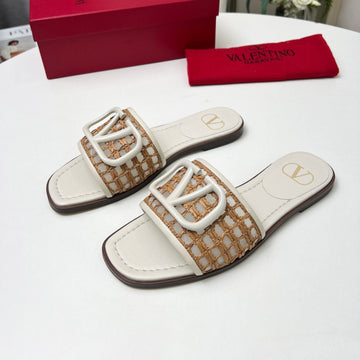 Vlogo Embellished Leather-Trimmed Raffia Slides Ivory