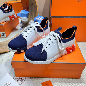 Hm Depart Slip-On Sneaker White Mix Navy Blue Knitted Fabric And Calfskin 206317