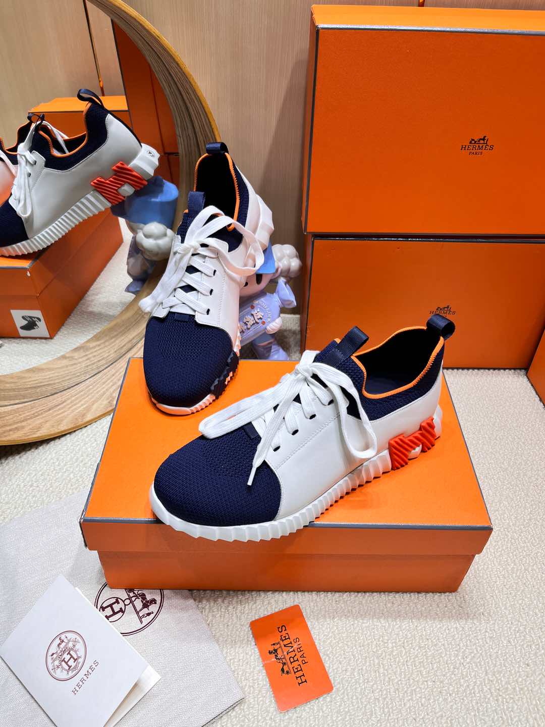 Hm Depart Slip-On Sneaker White Mix Navy Blue Knitted Fabric And Calfskin 206317