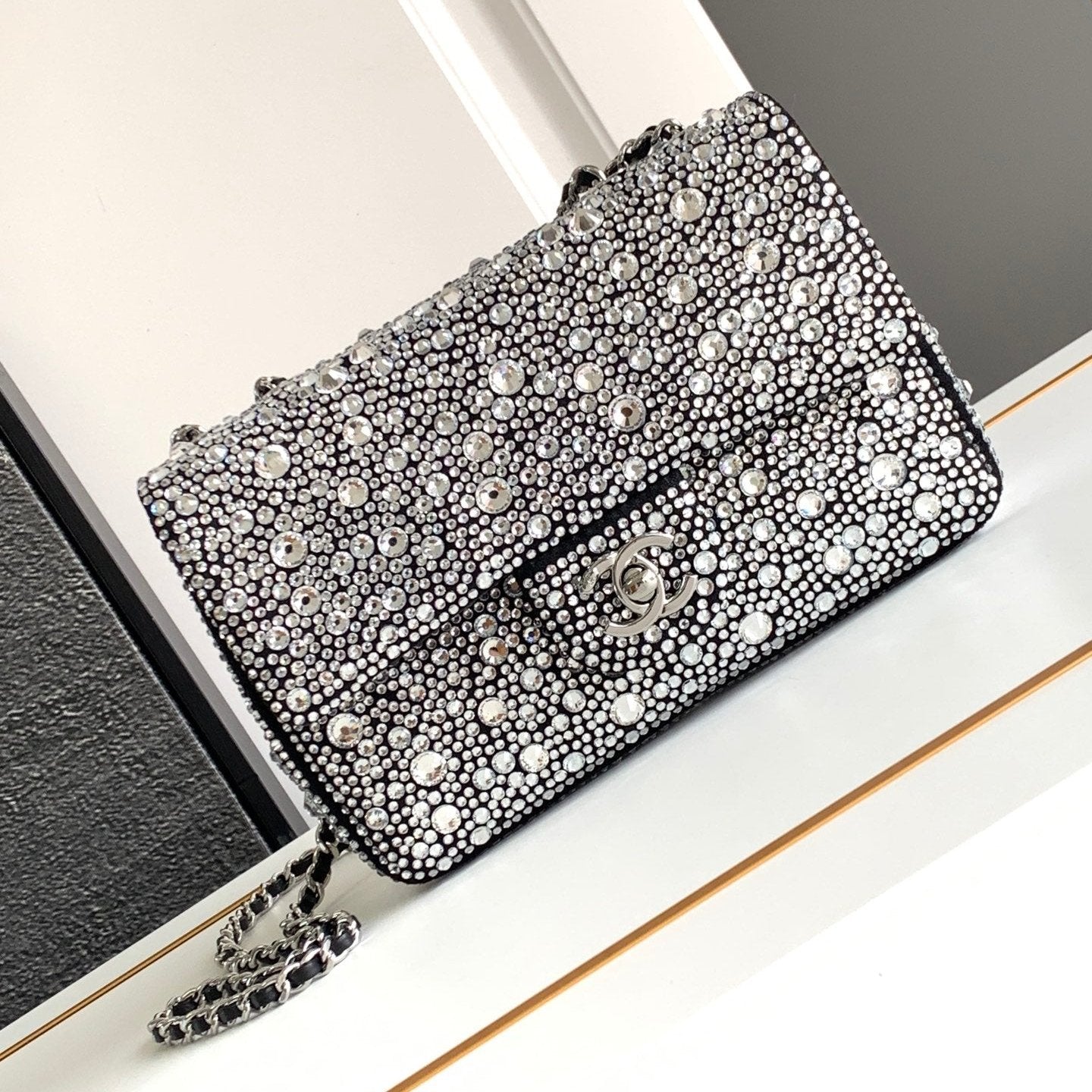 CC MINI 20 FLAP BAG IN SILVER SATIN RHINSTONES EMBELLISHED Bags Bible