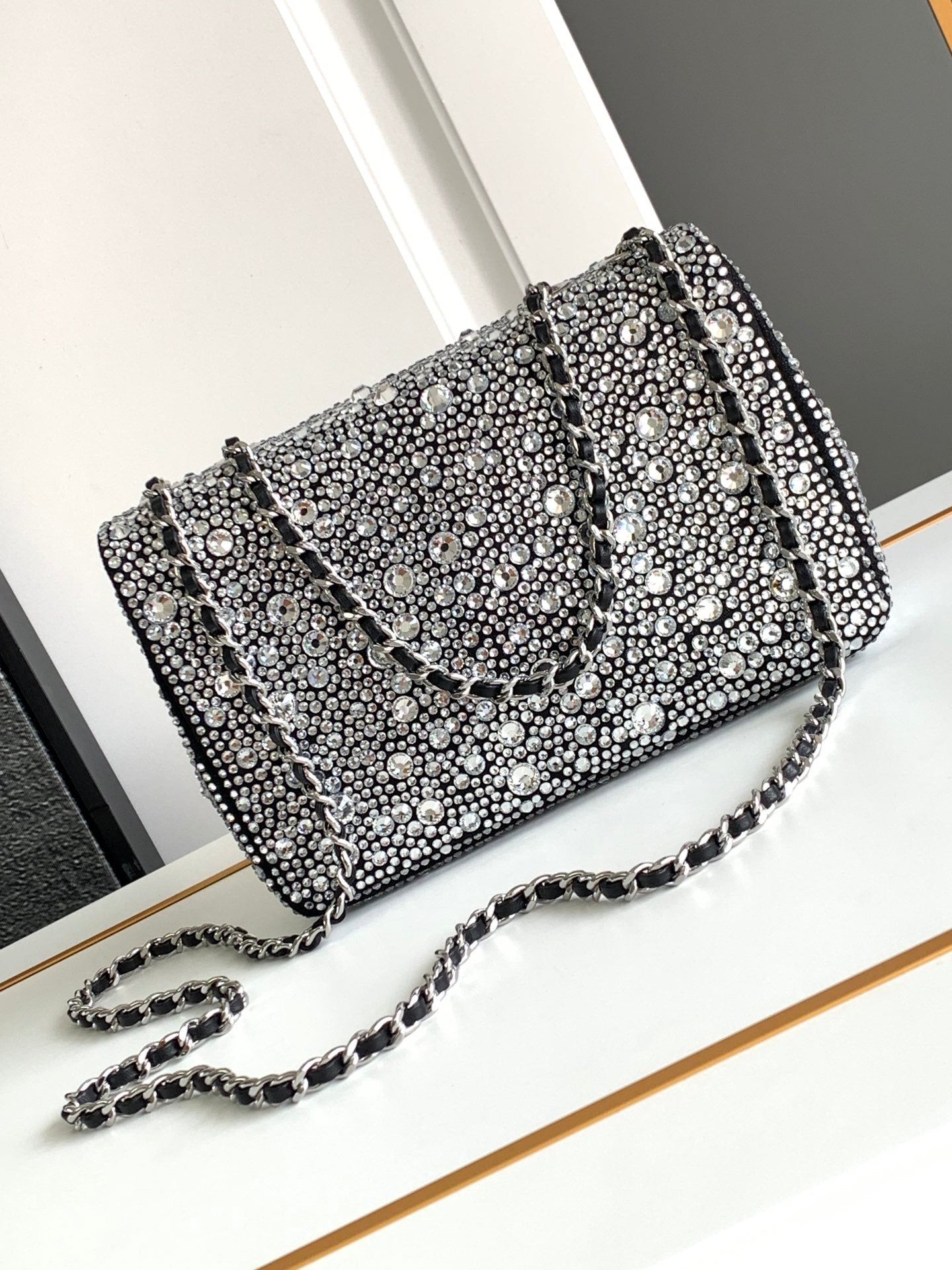 CC MINI 20 FLAP BAG IN SILVER SATIN RHINSTONES EMBELLISHED Bags Bible