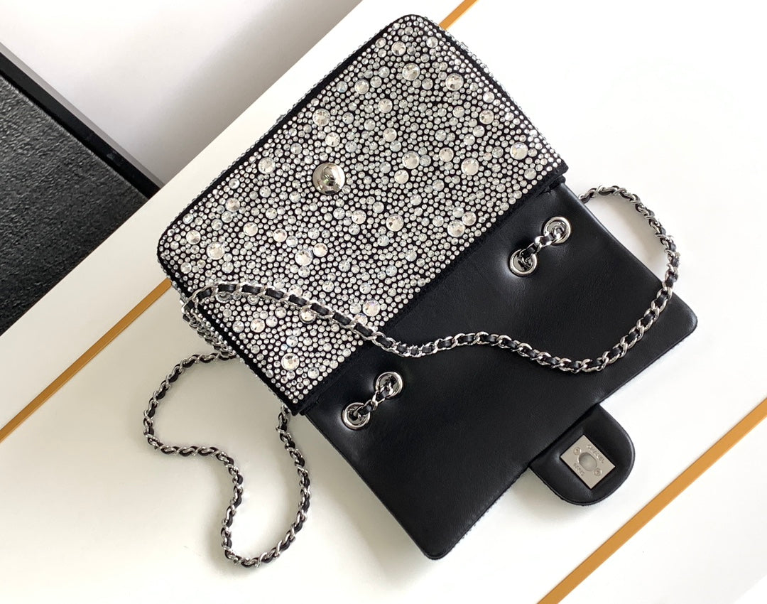 CC MINI 20 FLAP BAG IN SILVER SATIN RHINSTONES EMBELLISHED Bags Bible