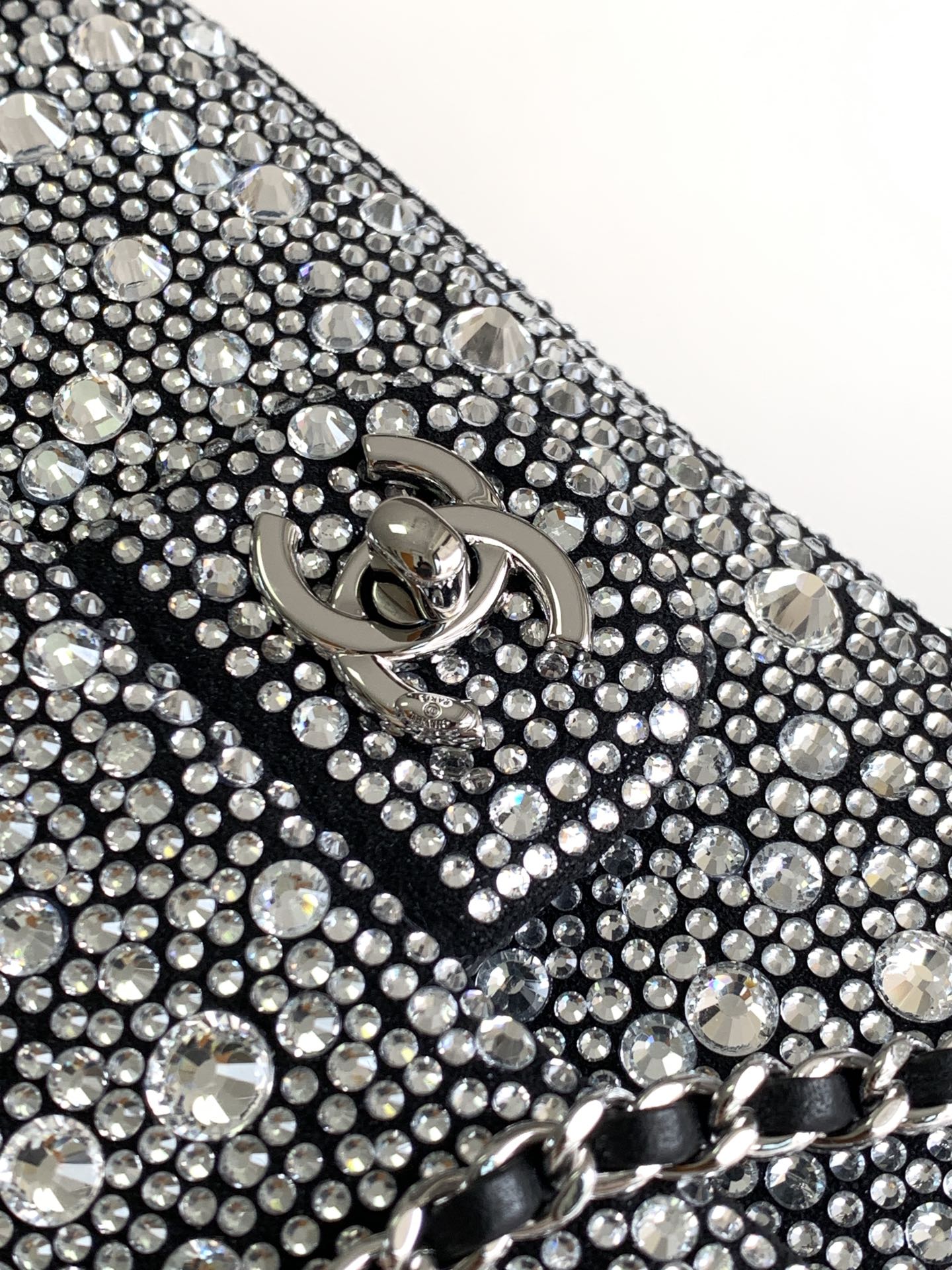 CC MINI 20 FLAP BAG IN SILVER SATIN RHINSTONES EMBELLISHED Bags Bible