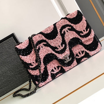 Flap Bag Medium 25 Black Pink Sequin Silver Hardware