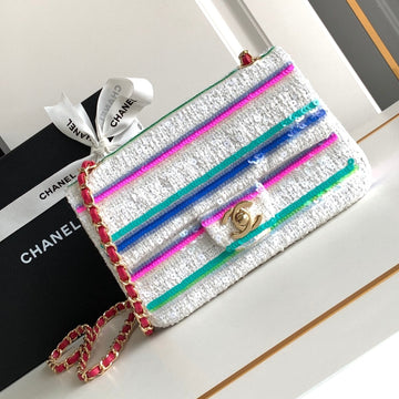 Mini 20 Classic Handbag In White Embroidered Tweed Sequins