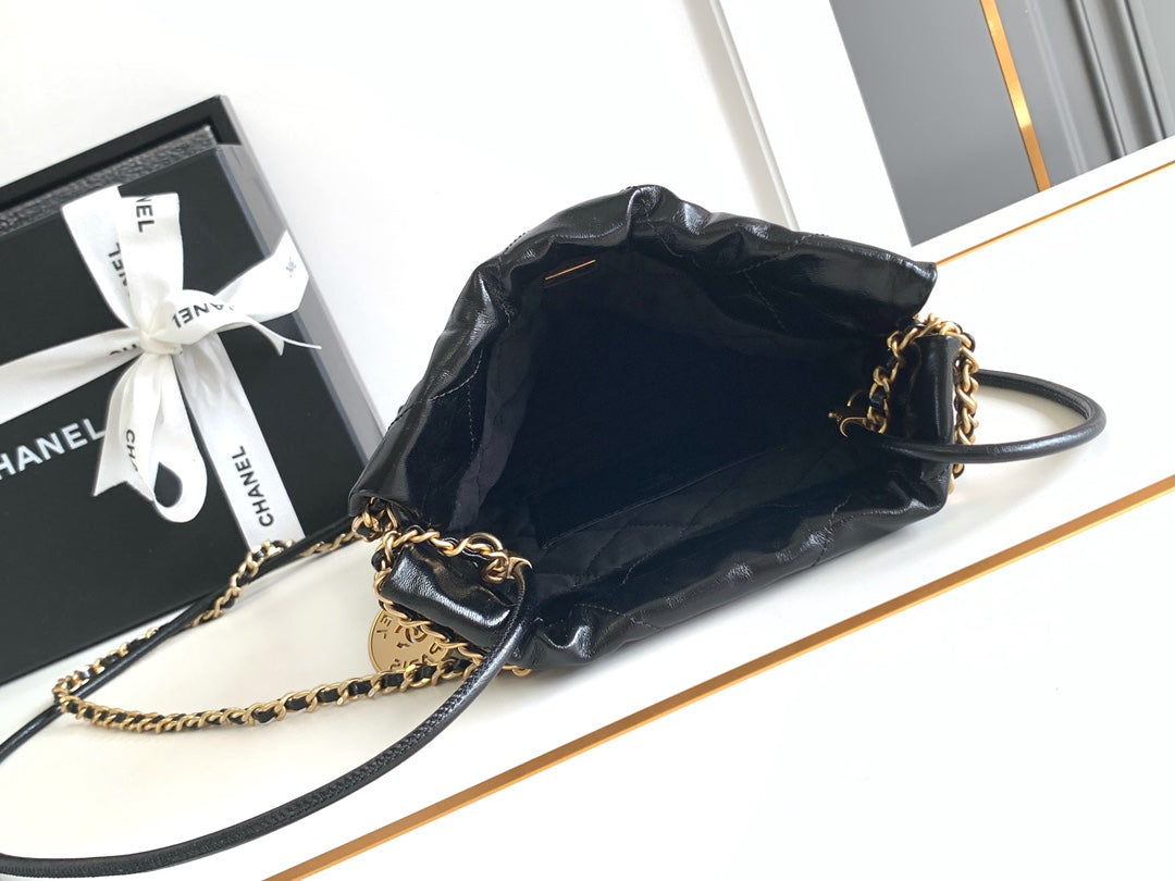 24A CC 22 Hobo Bag 20CM Black Lambskin Pearl Gold Hardware
