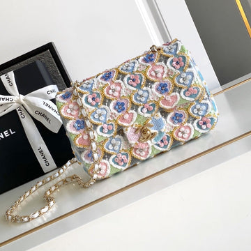 CC 24A Flap Bag 20CM Multicolor Sequin Satin Gold Hardware