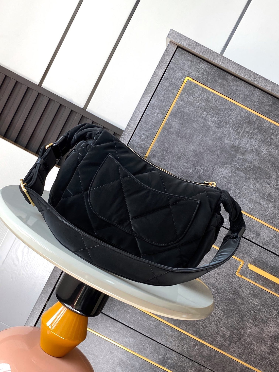 Hobo Bag 32 In Black Nylon With Gold Metal