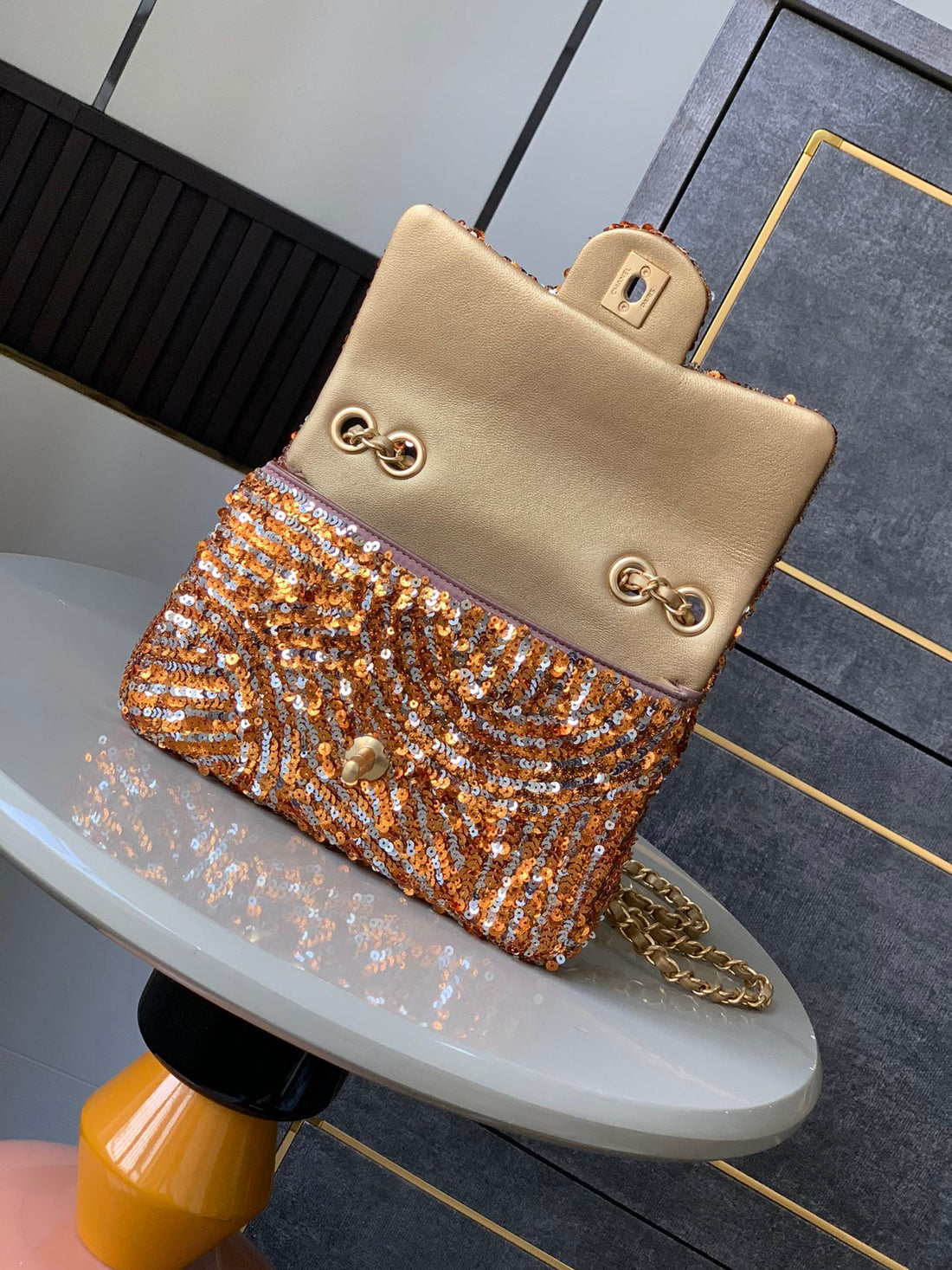 Flap Bag Mini 20CM Beige Calfskin Gold Bronze Sequin