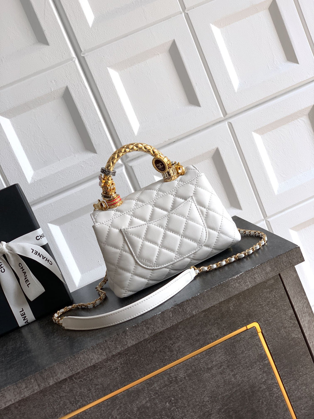 CC Coco Top Handle Bag 19CM White Quited Leather