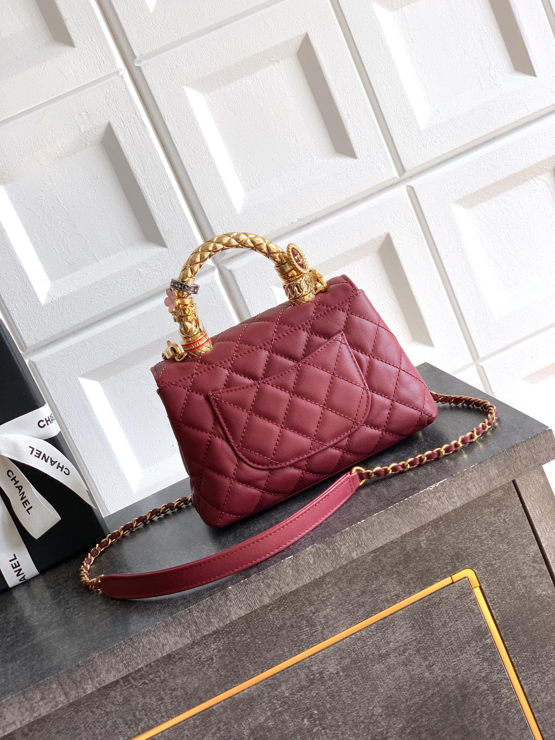 CC Coco Top Handle Bag 19CM Burgundy Quited Leather