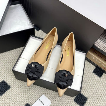 CC Logo Bow With Camellia Ballerina Flats Black Beige Cowhide Sheepskin 427020