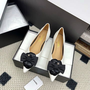 CC Logo Bow With Camellia Ballerina Flats Black White Cowhide Sheepskin 427021