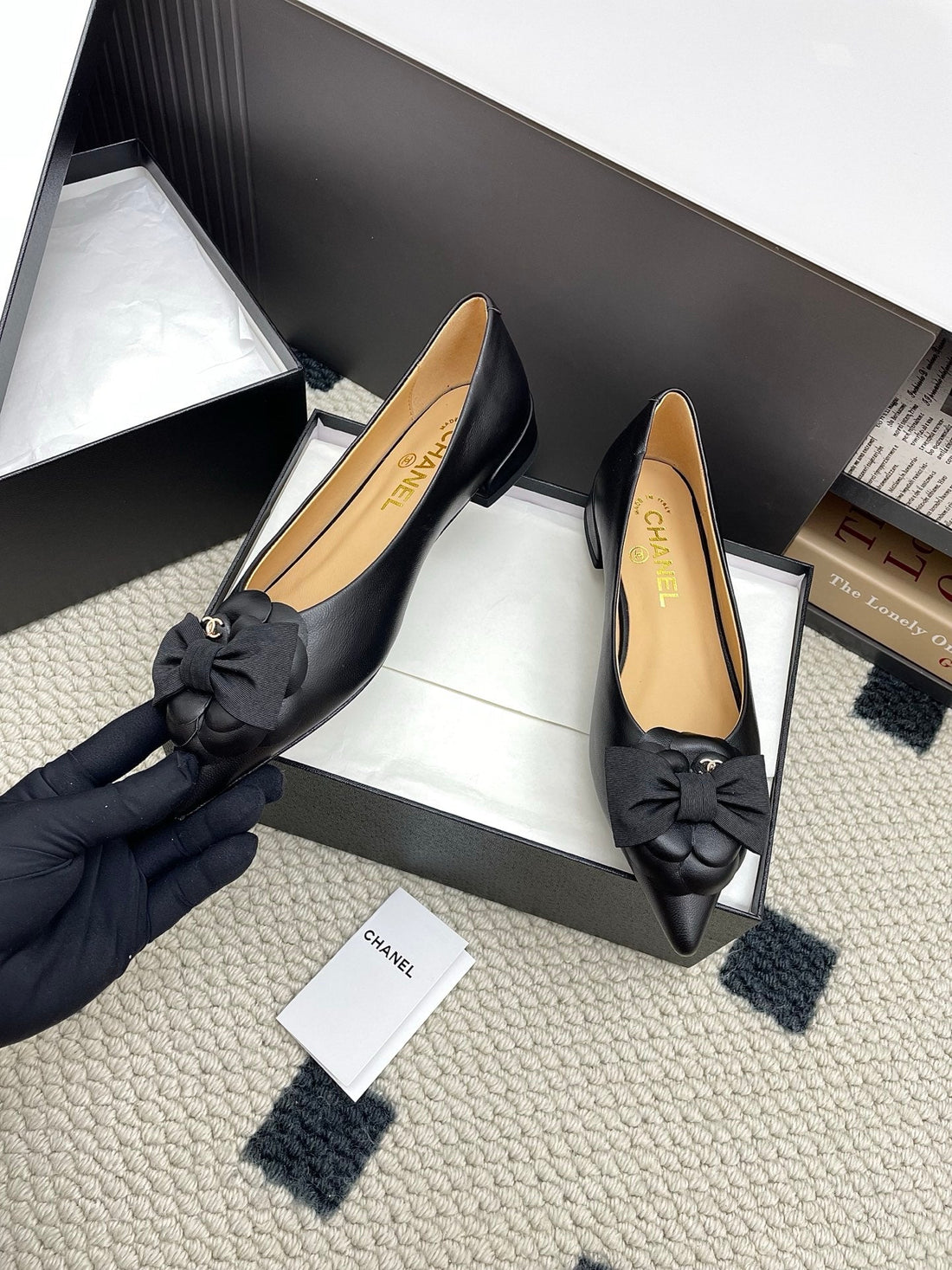 CC Logo Bow With Camellia Ballerina Flats 15MM Black Cowhide Sheepskin 427022