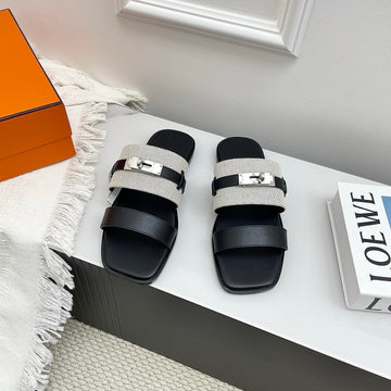 Hm 26S Made Men Sandal White Black Calfskin Canvas 726898