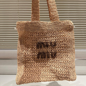 Tote 38 Bag In Beige Brown Straw Woven