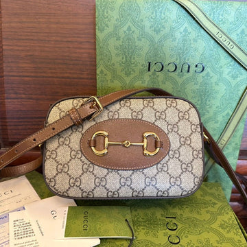 GG 20 Horsebit 1955 Small Bag In Beige Canvas And Brown Calfskin