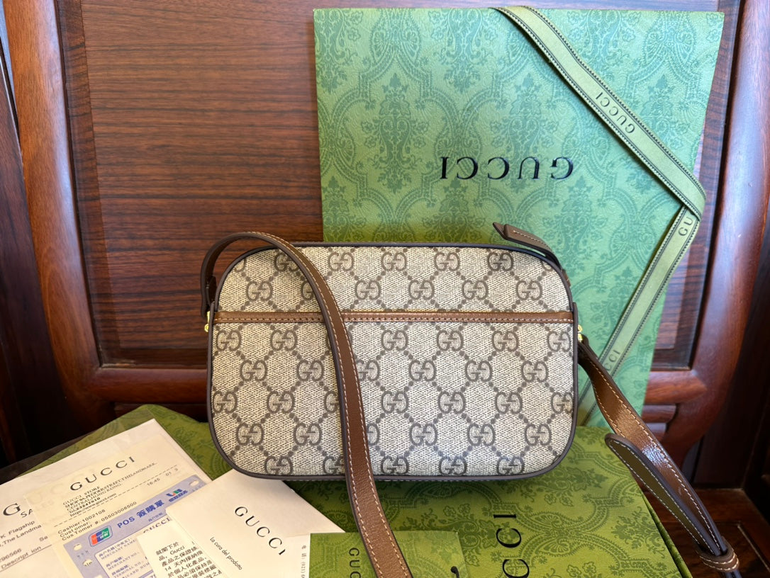 GG 20 Horsebit 1955 Small Bag In Beige Canvas And Brown Calfskin