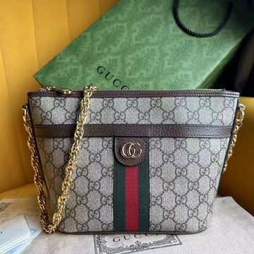 Ophidia 21 GG Small Shoulder Bag In Beige Canvas And Brown Calfskin