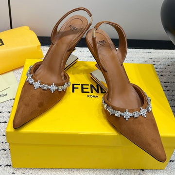 Fendi Crystal High-Heeled Slingback 7 Cm In Bronze Brown Suede