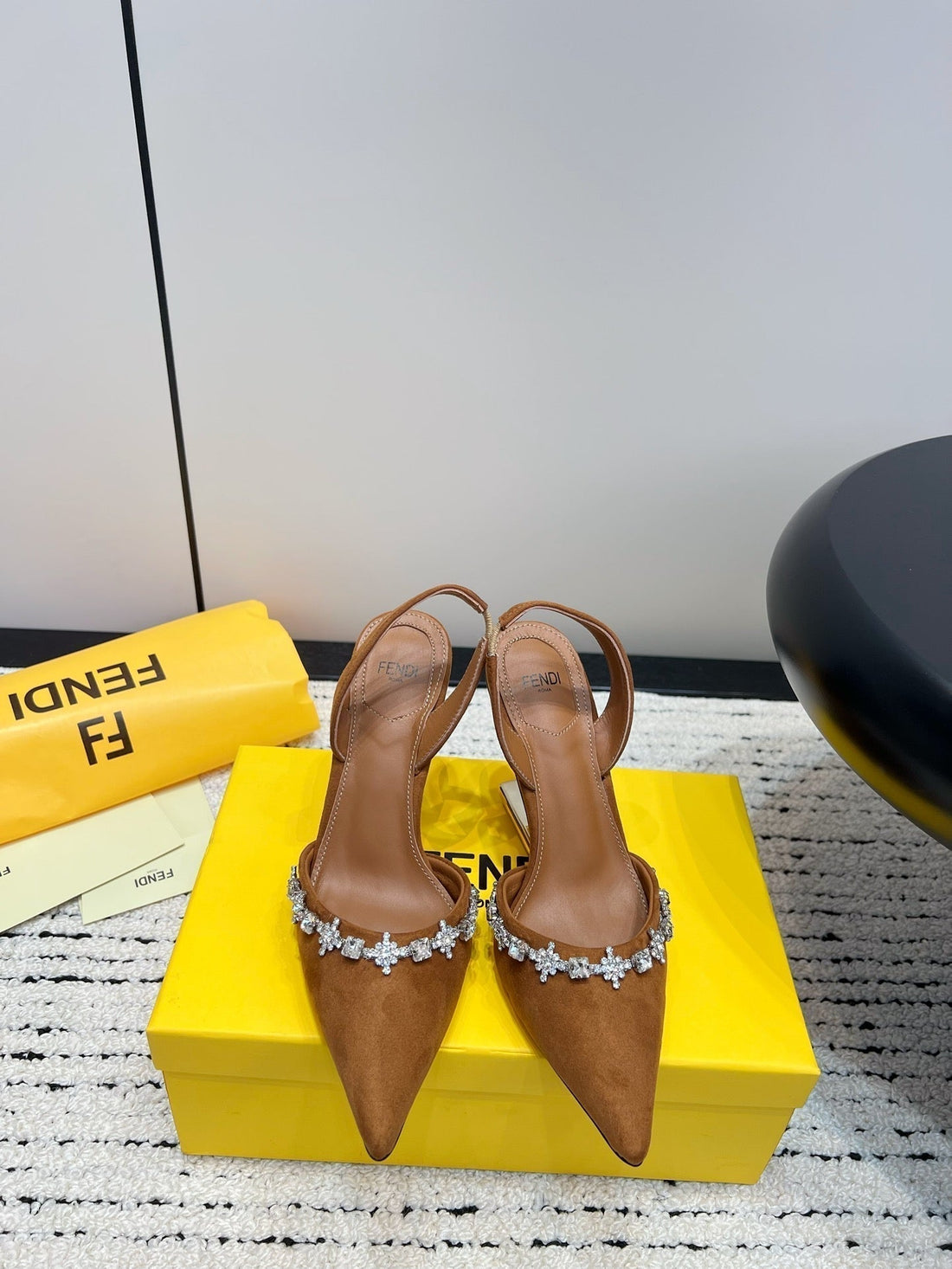Fendi Crystal High-Heeled Slingback 7 Cm In Bronze Brown Suede