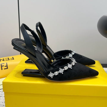 Fendi Crystal High-Heeled Slingback 7 Cm In Black Suede