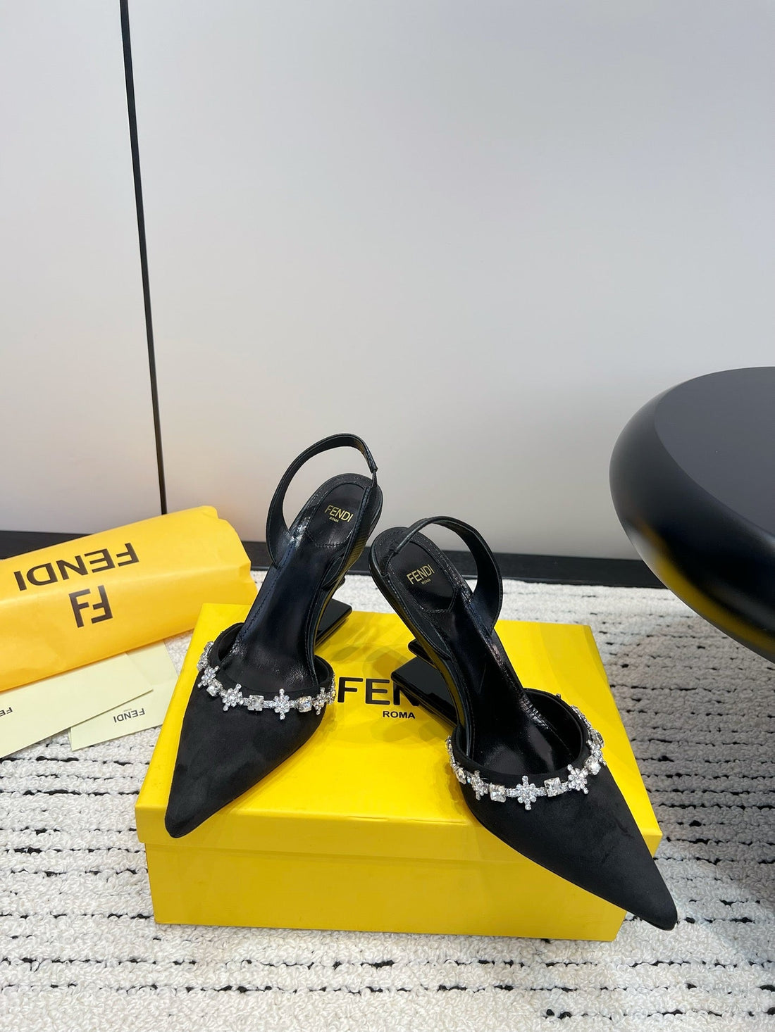 Fendi Crystal High-Heeled Slingback 7 Cm In Black Suede