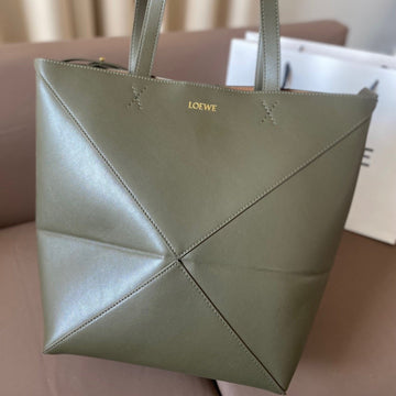 Loe 32 Medium Puzzle Fold Tote In Dark Khaki Green Shiny Calfskin