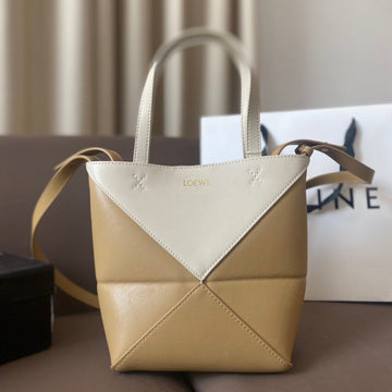 Loe 21 Puzzle Fold Tote In White Mix Naples Yellow Shiny Calfskin