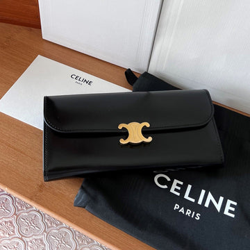 Triomphe Flap Wallet Card Holder 19CM Black Shiny Cafskin