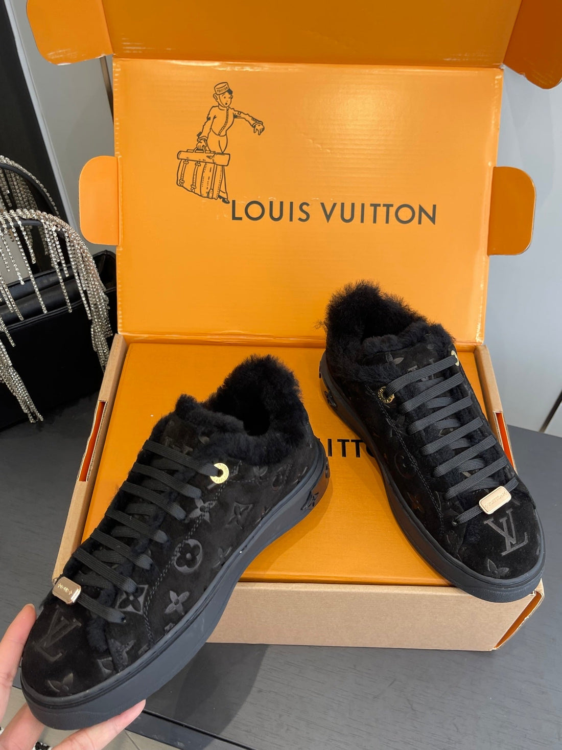 LV Time Out Sneaker 40MM Black Monogram Suede Fleece Lined 533471