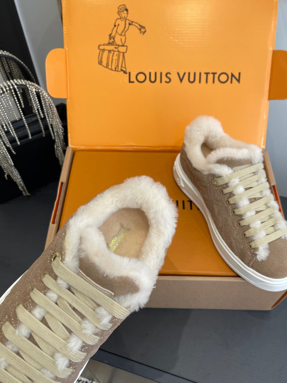 LV Time Out Sneaker 40MM Brown Cream Monogram Denim Suede Fleece Lined 533476