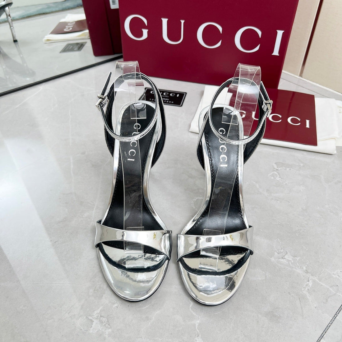 Gc 25 Heeled 95MM Sandals Silver Patent Leather 293862