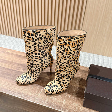 Alaïa High-Heeled Short Boots Leopard Print Velvet 386014