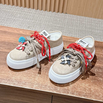 Miu Miu 25 Platform Sneakers Beige Red Suede Wool 553690