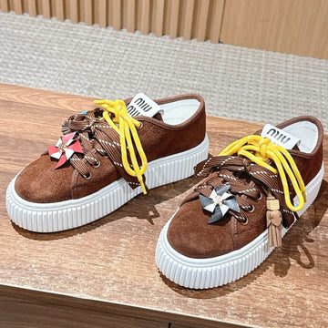 Miu Miu 25 Platform Sneakers Brown Yellow Suede Wool 553691